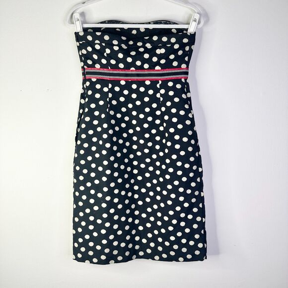 Maeve Anthropologie Dress Women 4 Black Polka Dot Strapless Midi Ribbon Preppy - Picture 3 of 11